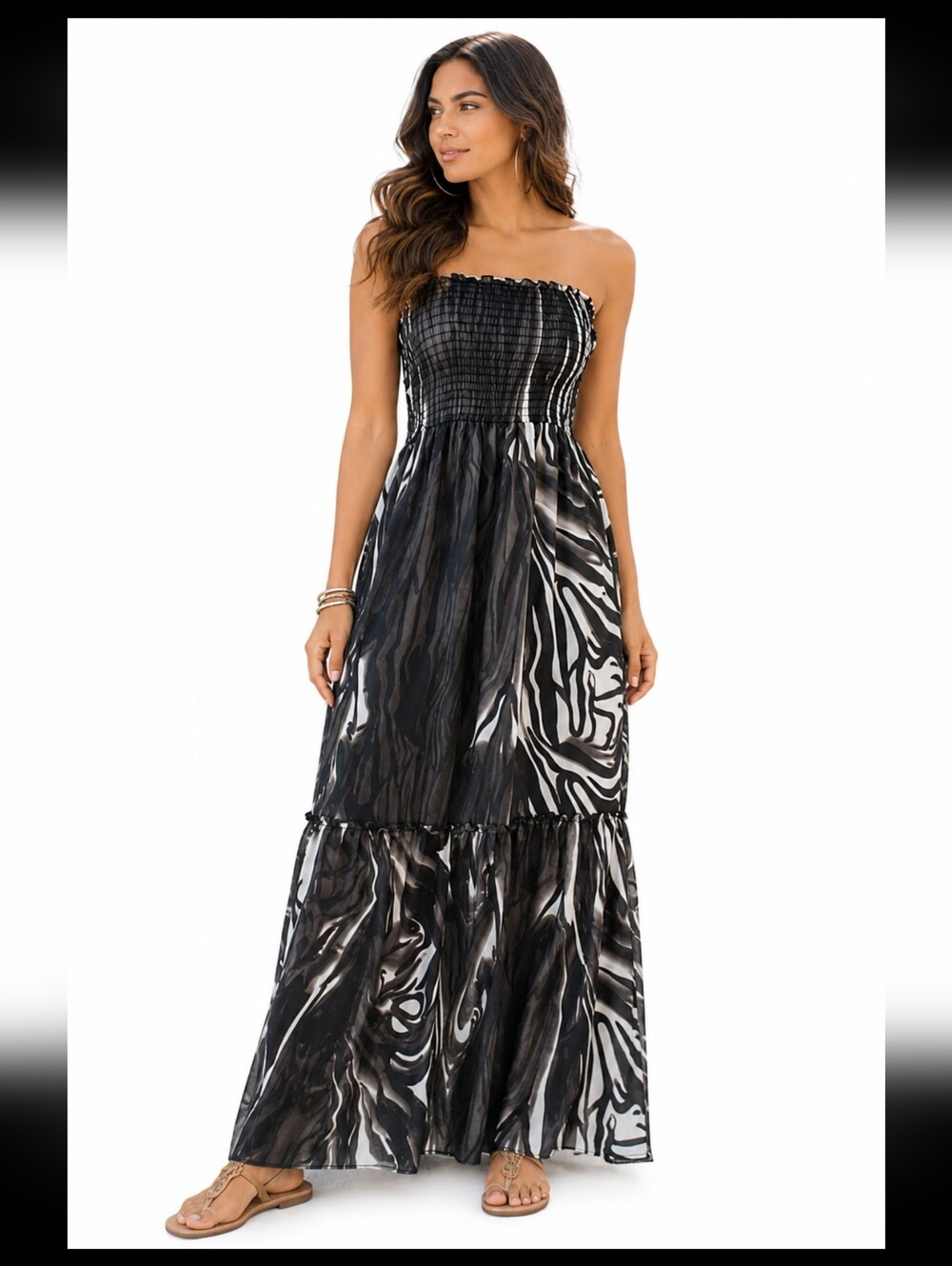 Vertigo Paris Psycho Zebra Brown Smocked Top Maxi Dress Size S NWT $210 #002